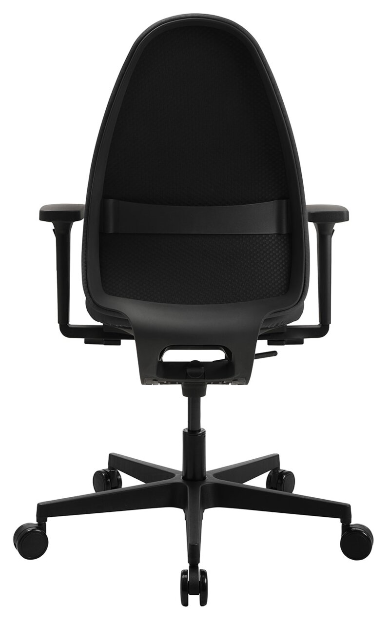 Rückansicht eines schwarzen Bürostuhls mit Armlehnen und Rollen