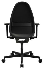 Rückansicht eines schwarzen Bürostuhls mit Armlehnen und Rollen