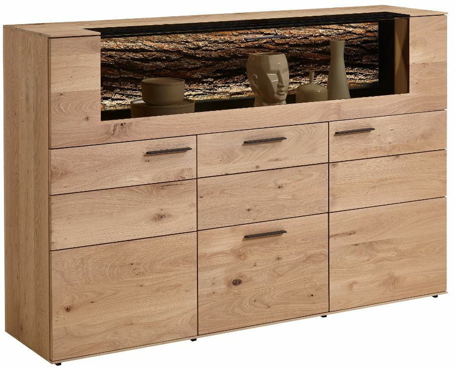 Valnatura Highboard LAVIA Hochwertiges Highboard aus Holz mit mehreren Schubladen und Fächern, dekoriert mit Vasen und einer Skulptur, seitliche Perspektive