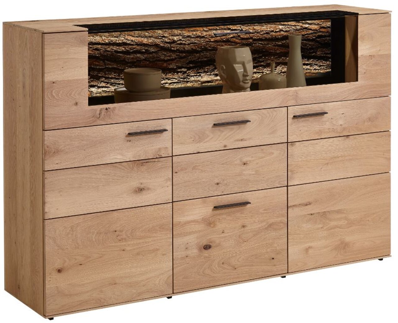 Valnatura Highboard LAVIA Hochwertiges Highboard aus Holz mit mehreren Schubladen und Fächern, dekoriert mit Vasen und einer Skulptur, seitliche Perspektive