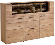 Hochwertiges Highboard aus Holz mit mehreren Schubladen und Fächern, dekoriert mit Vasen und einer Skulptur, seitliche Perspektive