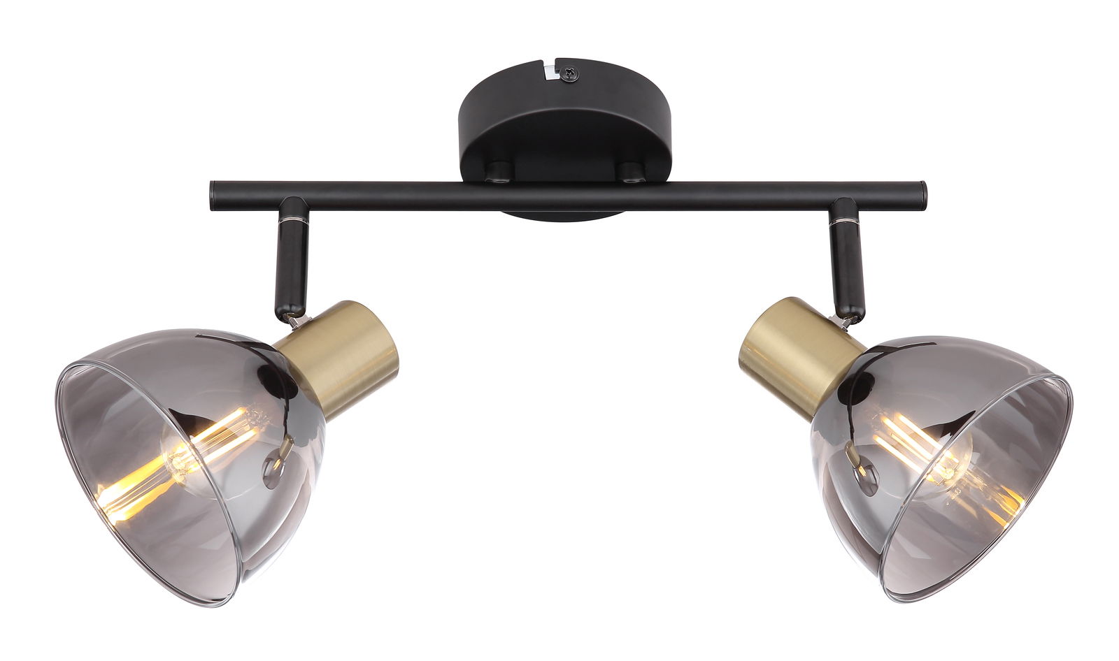 Zweiflammiger Strahler aus schwarzem Metall mit goldenen Akzenten, seitliche Perspektive