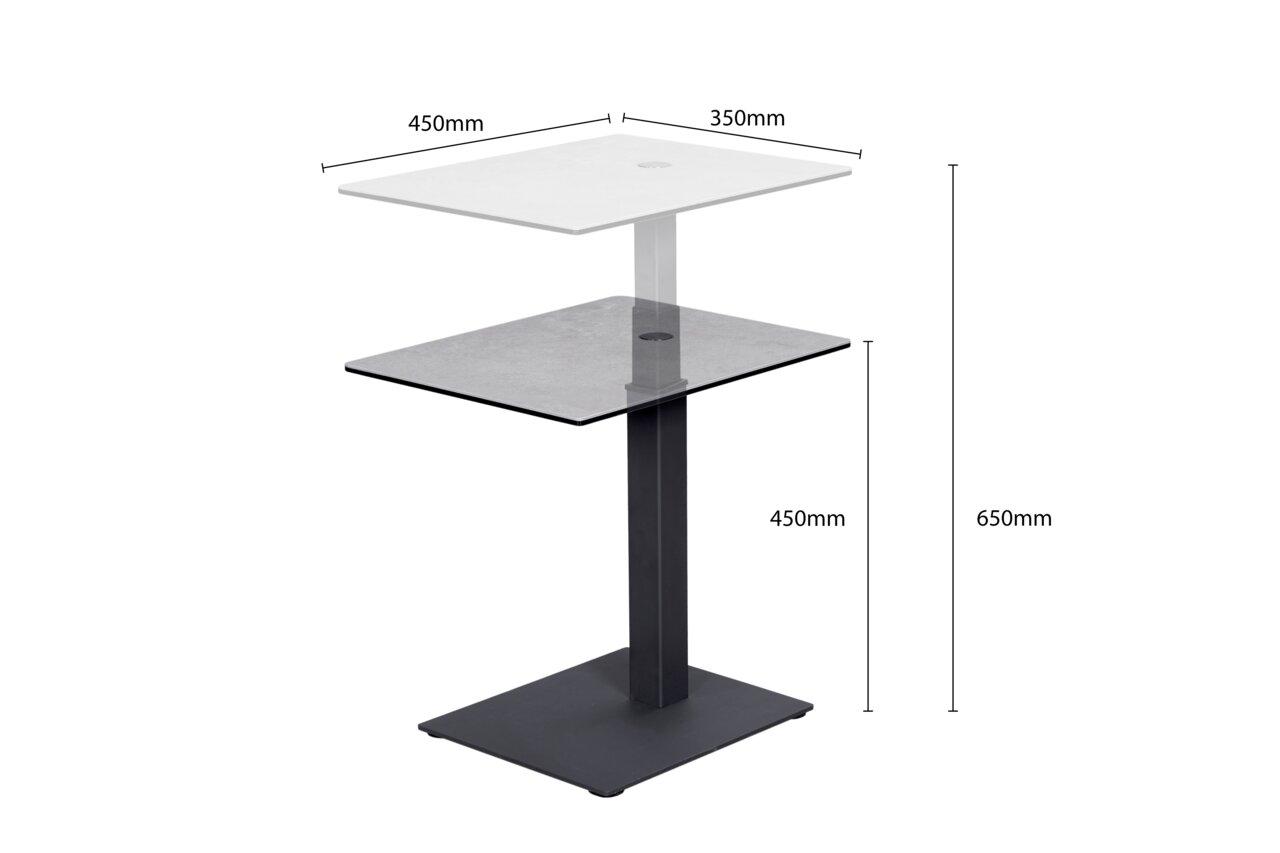Moderner Beistelltisch mit zwei quadratischen Ebenen, 450mm x 350mm, aus der Seitenperspektive gezeigt.