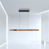 Moderne Pendelleuchte PURE-MOTO-RISE aus Holz und Metall, seitliche Perspektive