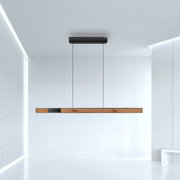 Moderne Pendelleuchte PURE-MOTO-RISE aus Holz und Metall, seitliche Perspektive