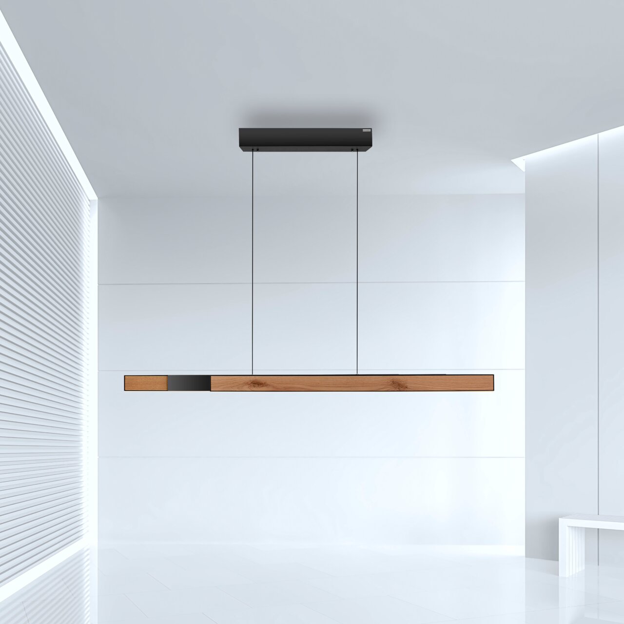 Moderne Pendelleuchte PURE-MOTO-RISE aus Holz und Metall, seitliche Perspektive