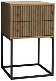 Moderne Nachtkommode aus Holz mit zwei Schubladen und einem schwarzen Metallgestell, seitliche Perspektive