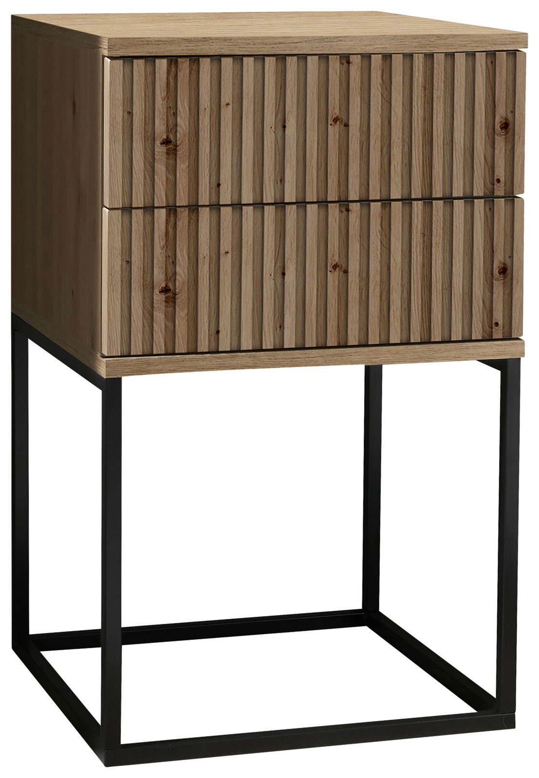 Moderne Nachtkommode aus Holz mit zwei Schubladen und einem schwarzen Metallgestell, seitliche Perspektive