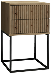 Moderne Nachtkommode aus Holz mit zwei Schubladen und einem schwarzen Metallgestell, seitliche Perspektive