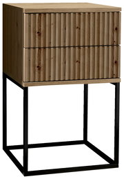 Moderne Nachtkommode aus Holz mit zwei Schubladen und einem schwarzen Metallgestell, seitliche Perspektive