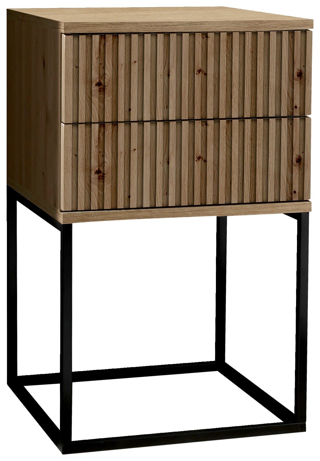 Moderne Nachtkommode aus Holz mit zwei Schubladen und einem schwarzen Metallgestell, seitliche Perspektive