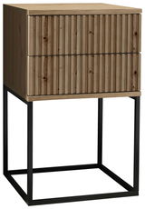 Moderne Nachtkommode aus Holz mit zwei Schubladen und einem schwarzen Metallgestell, seitliche Perspektive