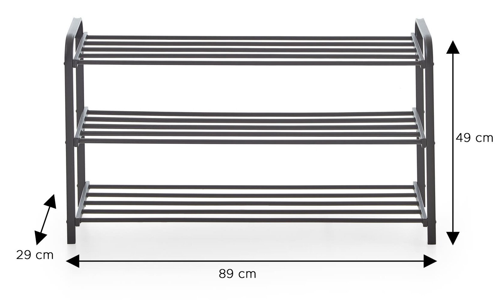 Schwarzes 3-stöckiges Schuhregal aus Metall mit Stangen, Maße 89 x 29 x 49 cm, Frontansicht auf weißem Hintergrund