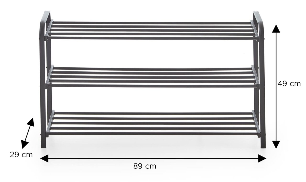 Schwarzes 3-stöckiges Schuhregal aus Metall mit Stangen, Maße 89 x 29 x 49 cm, Frontansicht auf weißem Hintergrund