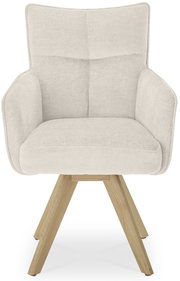 Beiger Armlehnstuhl mit Holzbeinen, Frontalansicht