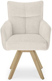 Beiger Armlehnstuhl mit Holzbeinen, Frontalansicht