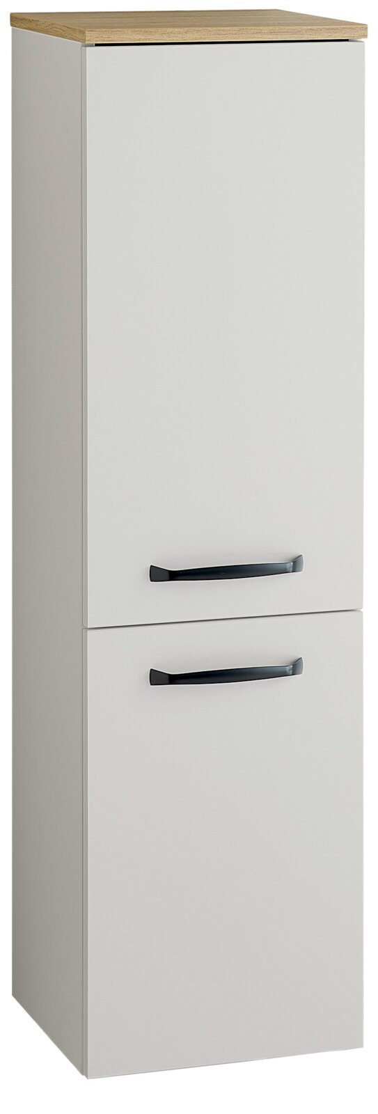 XORA Midi-kast QS500 Slanke witte hoge badkamerkast met een bovenblad in houtlook en twee zwarte handgrepen, licht van links gezien in perspectief