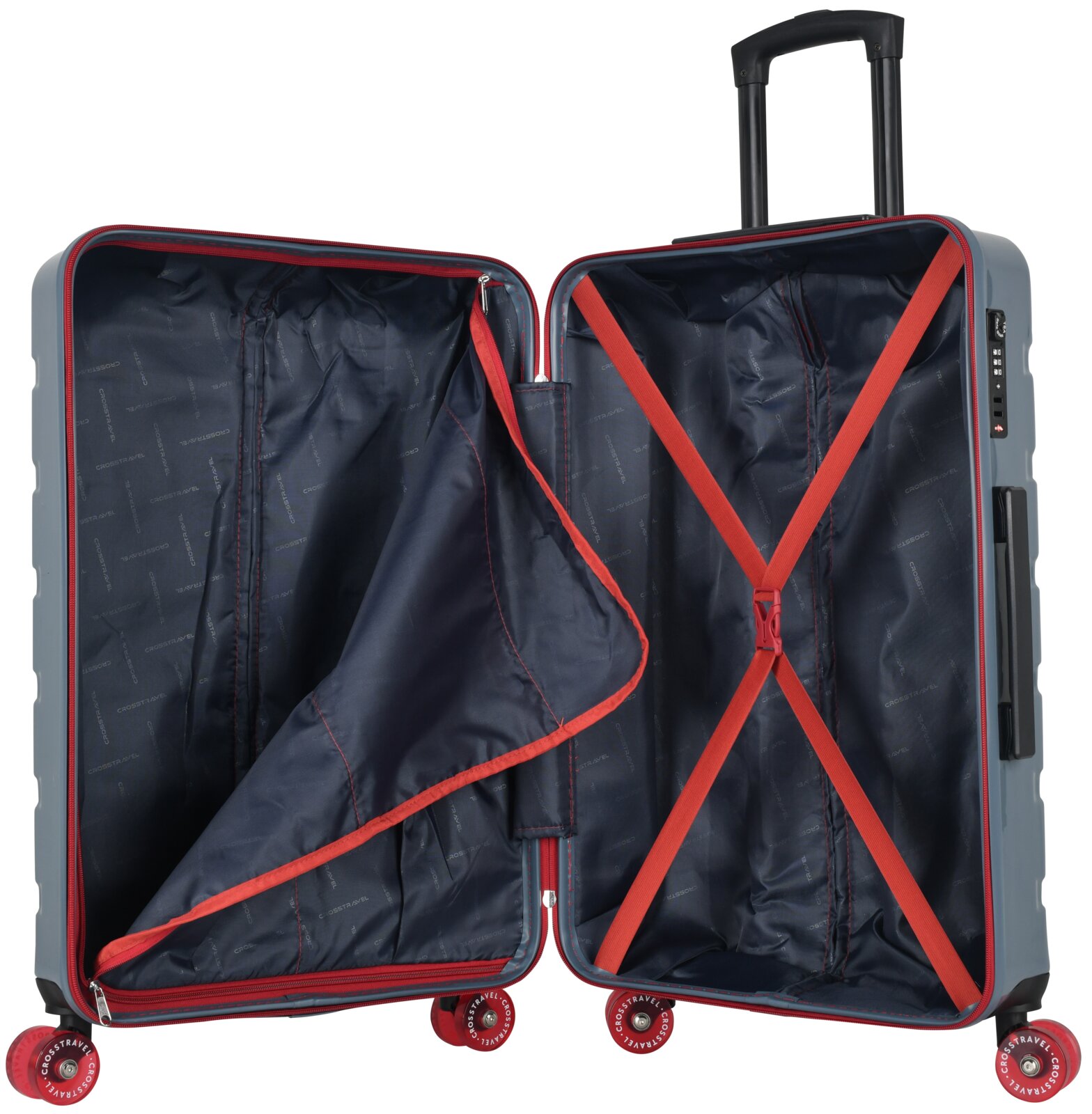 Open hardcase trolleykoffer met uitschuifbare handgreep, donkerblauwe voering en rode rits- en kruisbanden, getoond van voren in opengeklapte binnenaanzichtperspectief.