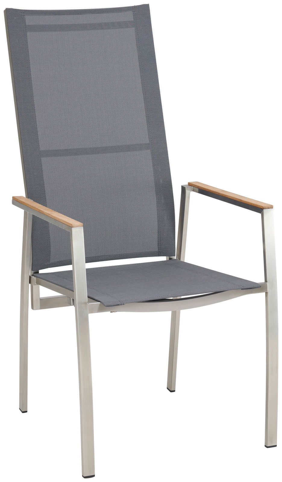 Moderner Gartensessel aus Metall mit grauem Textilgewebe und Armlehnen aus Holz, seitliche Perspektive