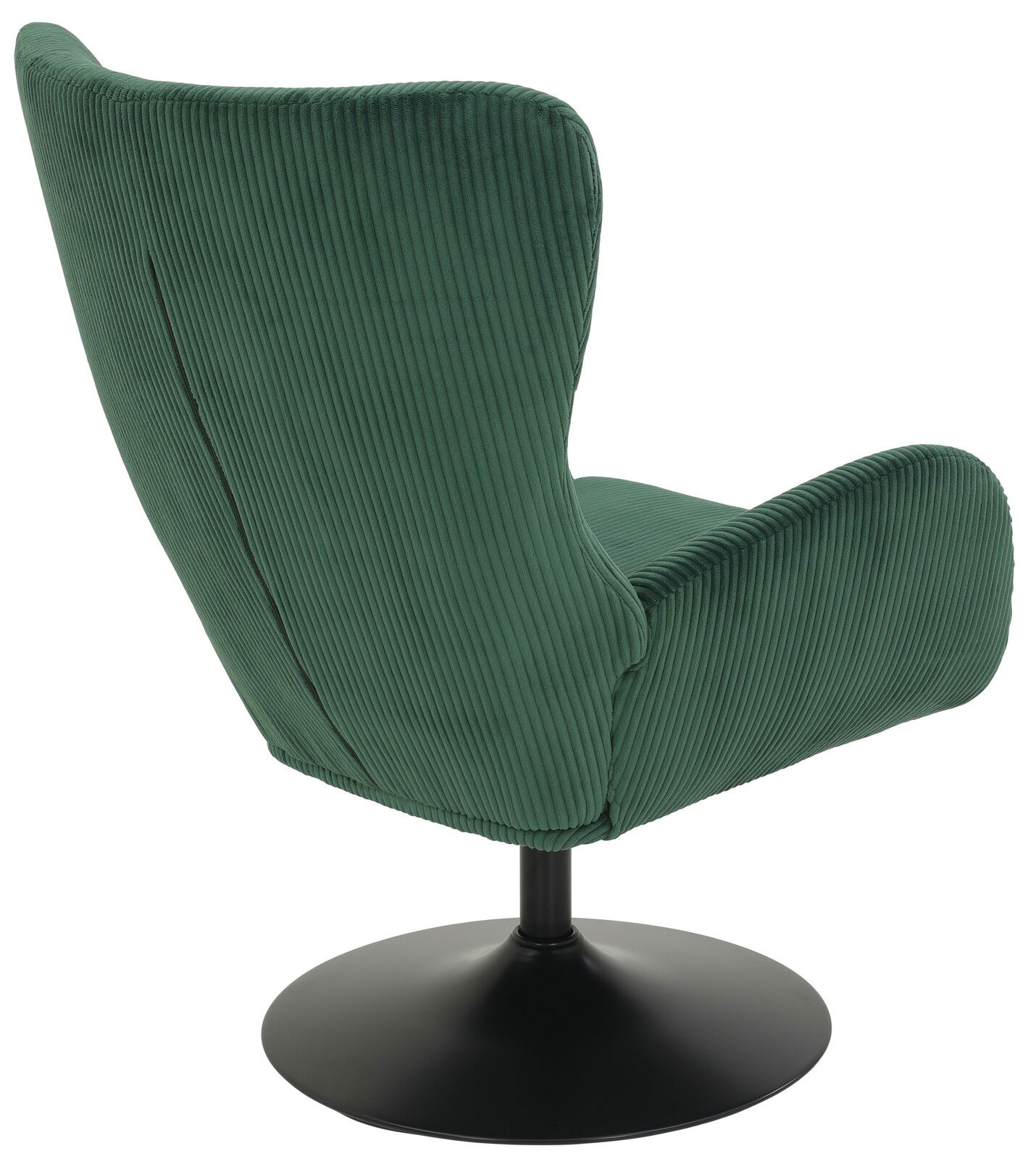 Rückansicht eines grünen Sessels mit schwarzem Standfuß, aus geripptem Stoff.