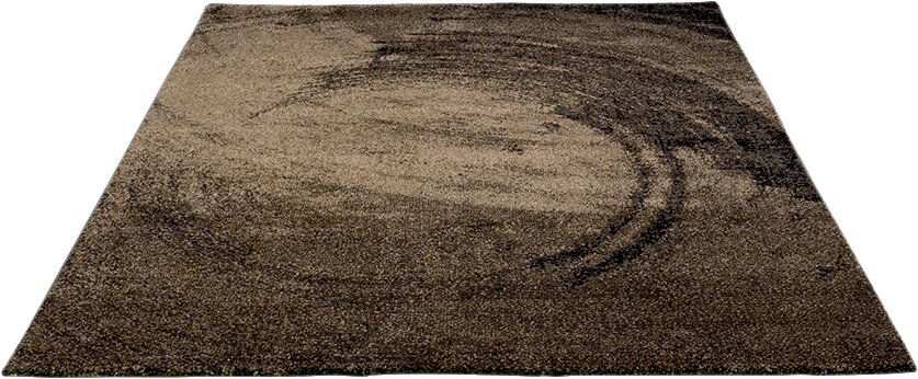 Rechteckiger Teppich in Braun- und Beigetönen mit abstraktem, kreisförmigem Muster, Draufsicht von oben