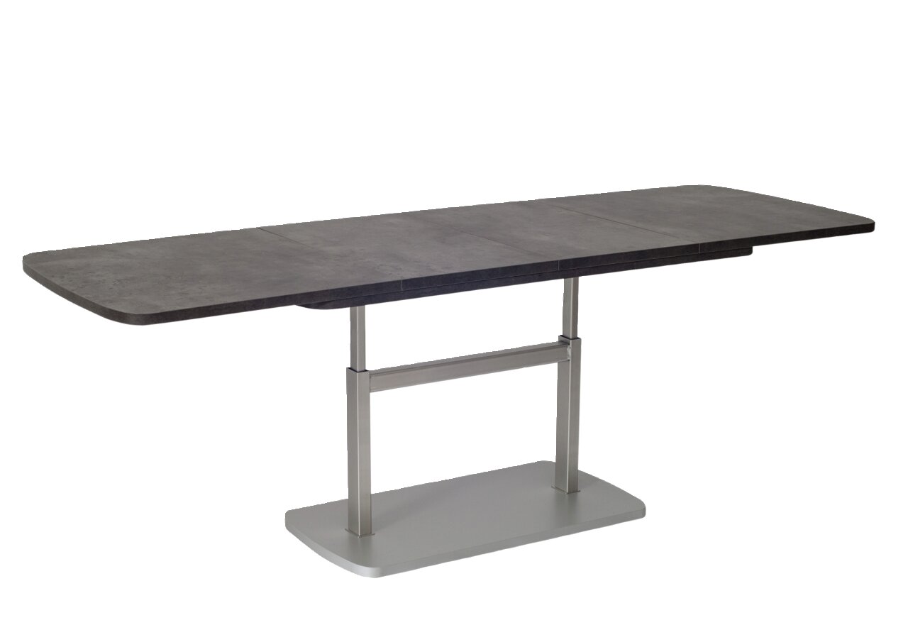 Moderner Couchtisch mit grauer Tischplatte und verstellbarem Metallgestell, seitliche Perspektive