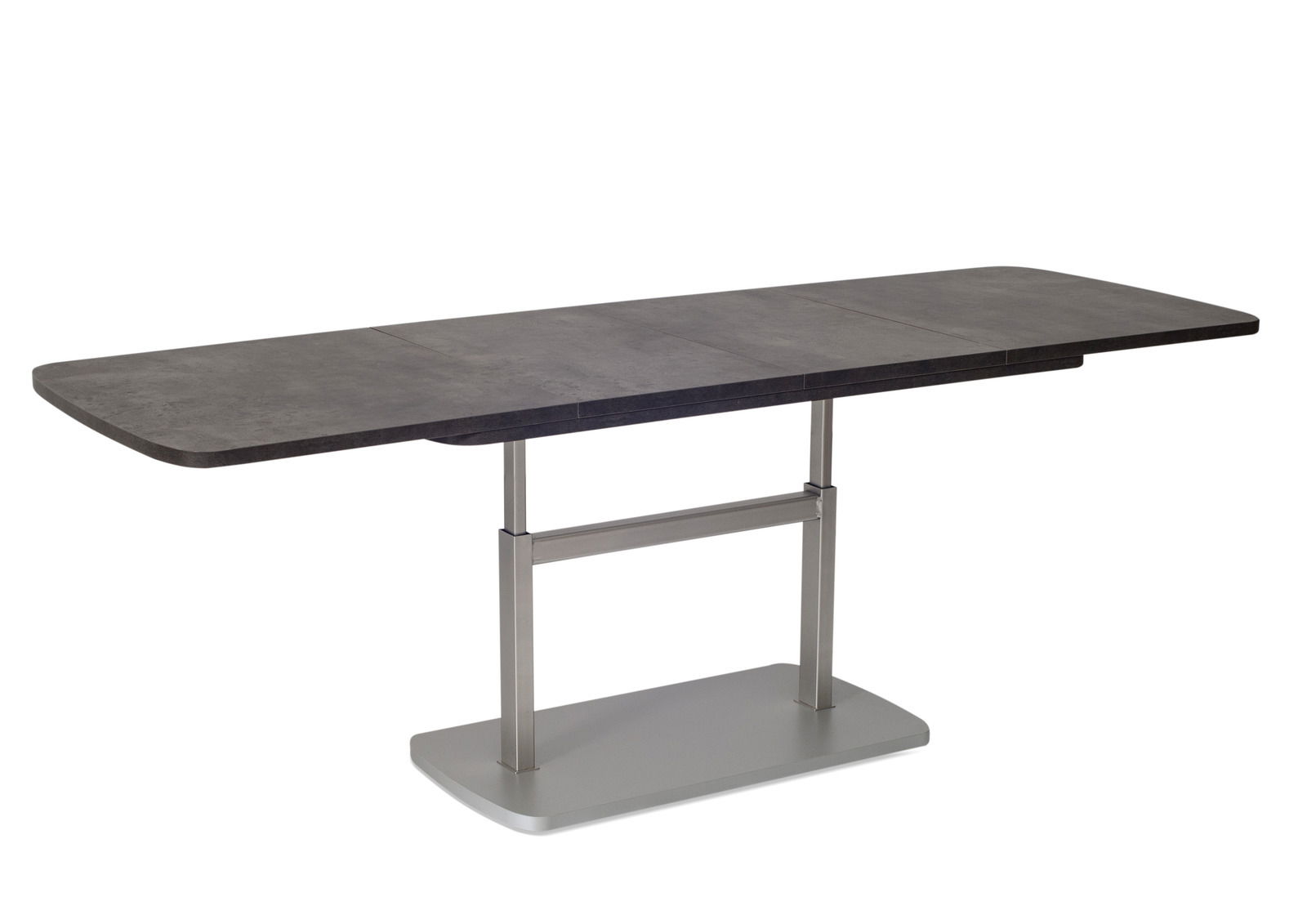 Moderner Couchtisch mit grauer Tischplatte und verstellbarem Metallgestell, seitliche Perspektive