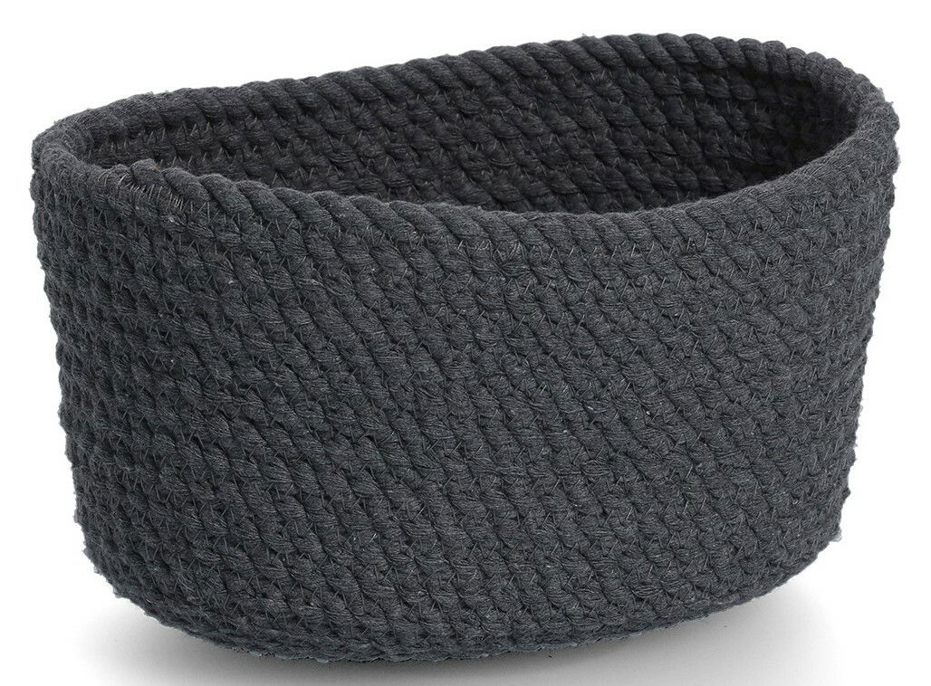 Dunkelgrauer, ovaler Aufbewahrungskorb aus geflochtenem Material, seitliche Perspektive