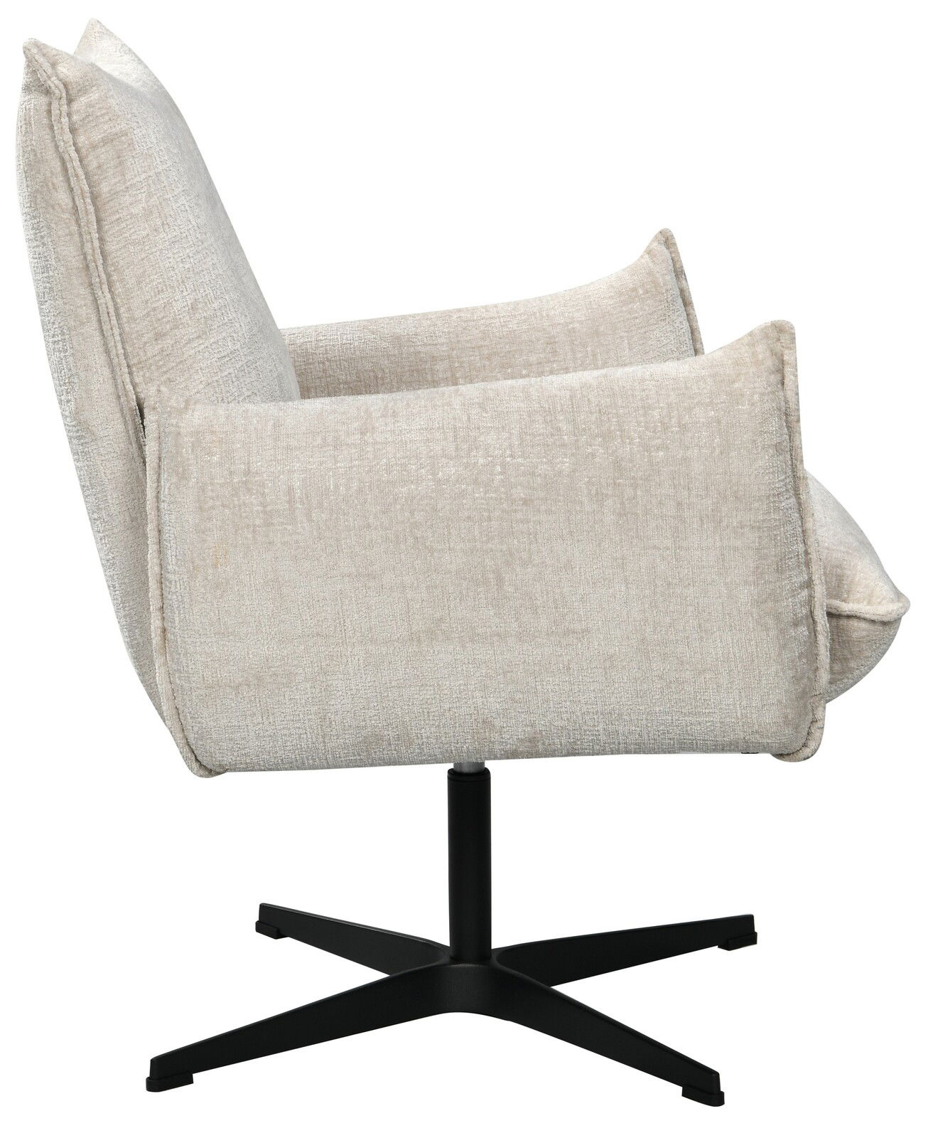 Seitenansicht eines beigen Relaxsessels mit schwarzem Drehfuß