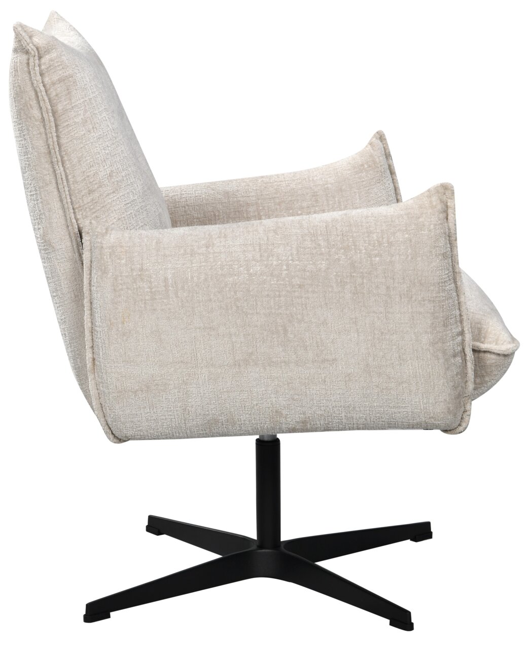 Zijaanzicht van een beige relaxfauteuil met een zwart draaipoot