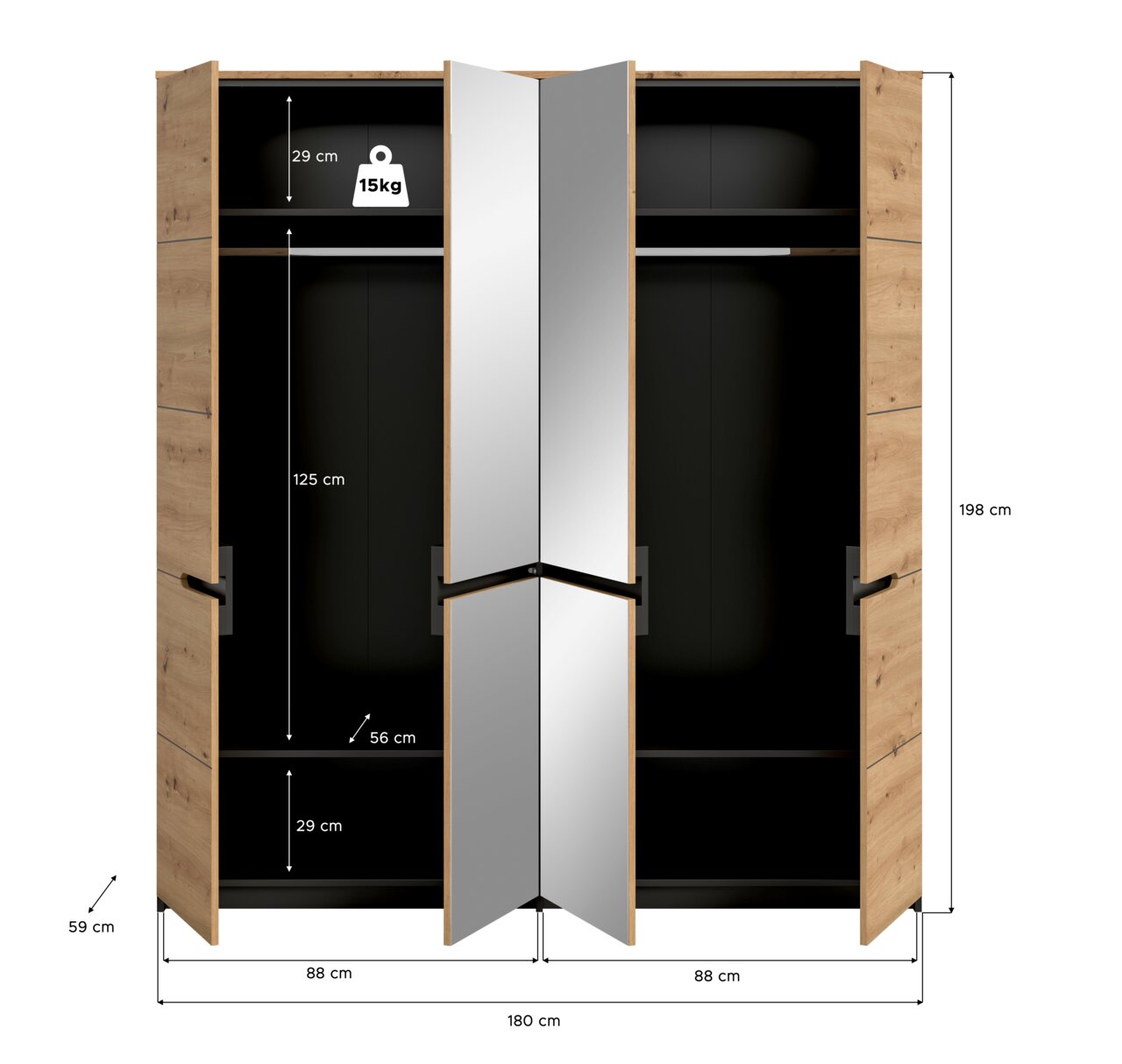 Geöffneter Kleiderschrank in Holzoptik mit schwarzem Innenraum und mittigen Spiegeltüren, Innenaufteilung mit Kleiderstangen und Ablagefächern, Maßangaben 180 x 198 x 59 cm, Frontansicht.