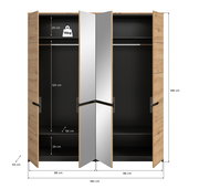 Geöffneter Kleiderschrank in Holzoptik mit schwarzem Innenraum und mittigen Spiegeltüren, Innenaufteilung mit Kleiderstangen und Ablagefächern, Maßangaben 180 x 198 x 59 cm, Frontansicht.