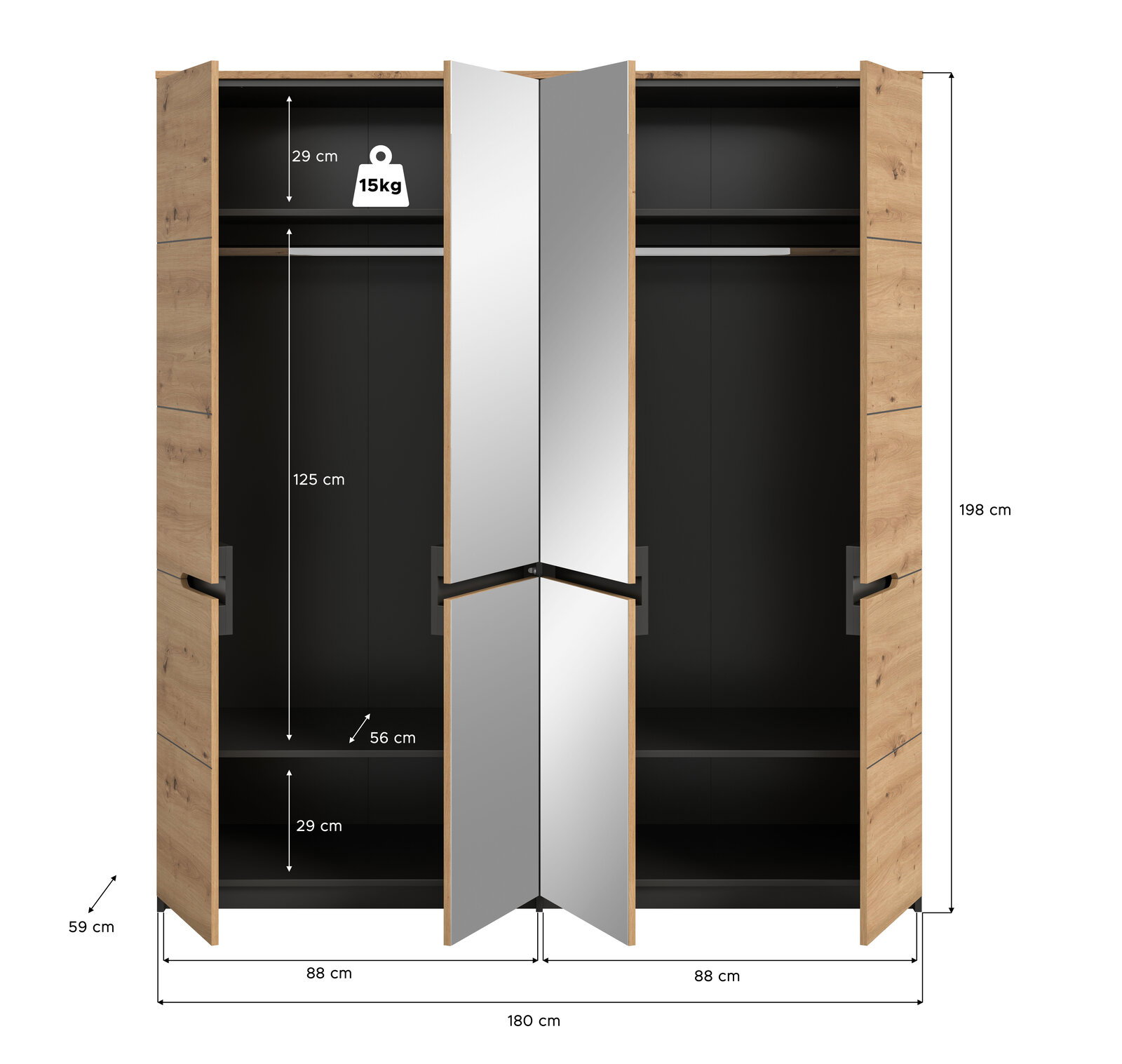 Geöffneter Kleiderschrank in Holzoptik mit schwarzem Innenraum und mittigen Spiegeltüren, Innenaufteilung mit Kleiderstangen und Ablagefächern, Maßangaben 180 x 198 x 59 cm, Frontansicht.