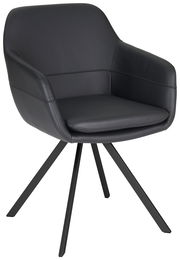 Moderner schwarzer Sessel mit gepolstertem Sitz und Rückenlehne, auf vier Metallbeinen. Seitenansicht.