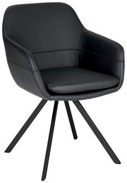 Moderner schwarzer Sessel mit gepolstertem Sitz und Rückenlehne, auf vier Metallbeinen. Seitenansicht.