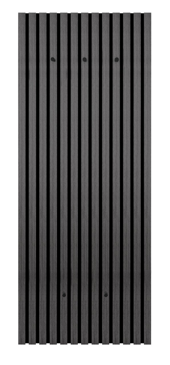 Frontale Ansicht einer modernen Wandgarderobe mit vertikalen Holzlatten in dunkler Farbe.