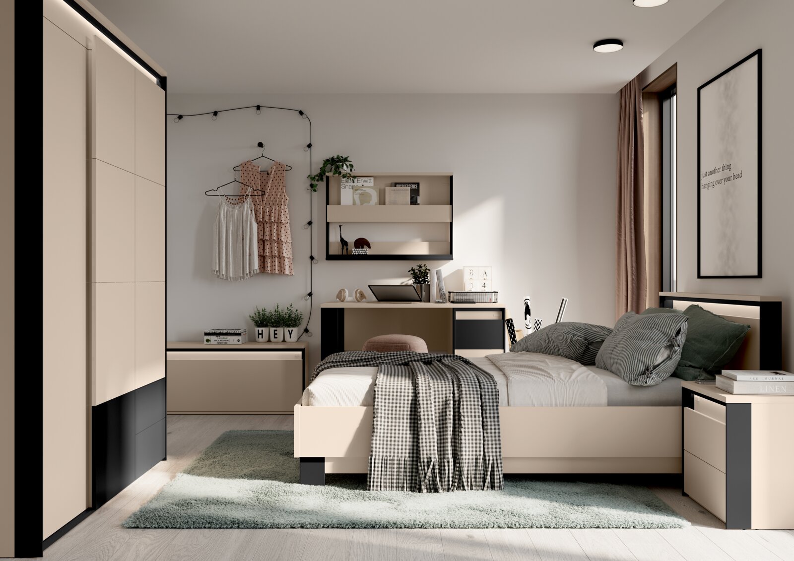 Modernes Schlafzimmer mit beige-schwarzem Bett, Kleiderschrank und Nachttischen, Blick aus leicht erhöhter Frontperspektive; Tageslicht am Fenster, Teppich und Wandregal im Hintergrund