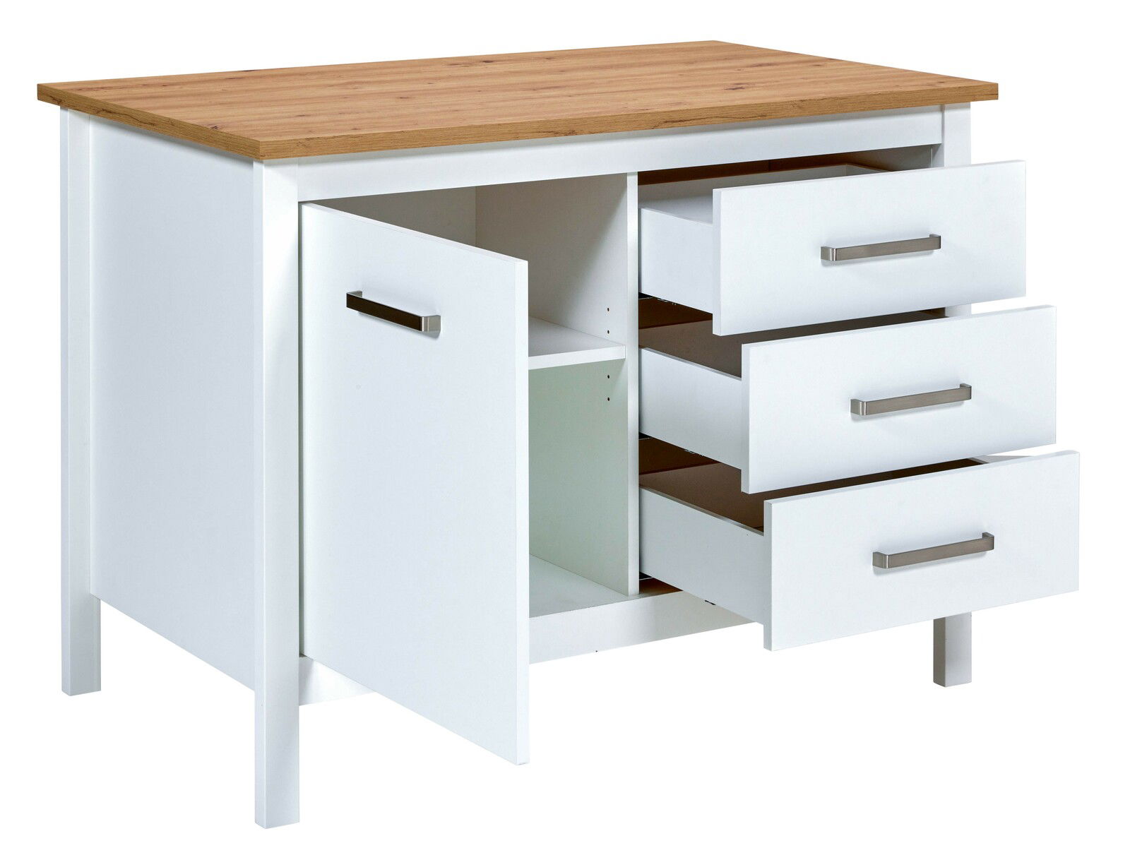 Weiße Kücheninsel mit Holzplatte, drei offenen Schubladen und einer offenen Tür, Perspektive von vorne links