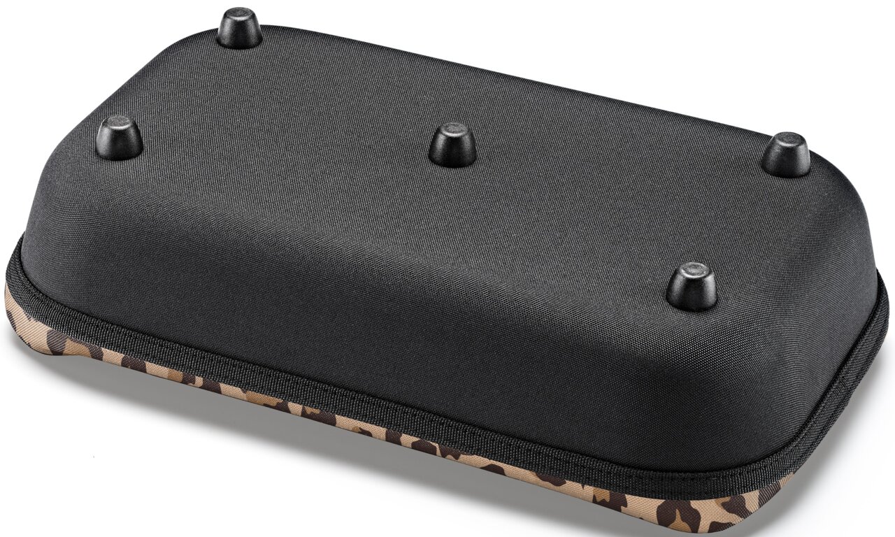 Unterseite eines schwarzen Einkaufskorbs mit vier Füßen und einem Rand im Leopardenmuster, Perspektive von unten.