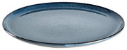 Rond blauw gespikkeld keramisch dinerbord met opstaande rand, schuin van voren en iets van bovenaf gezien