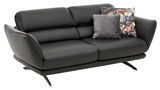 Modernes 2,5-Sitzer-Sofa in dunklem Leder mit zwei dekorativen Kissen, seitliche Perspektive.
