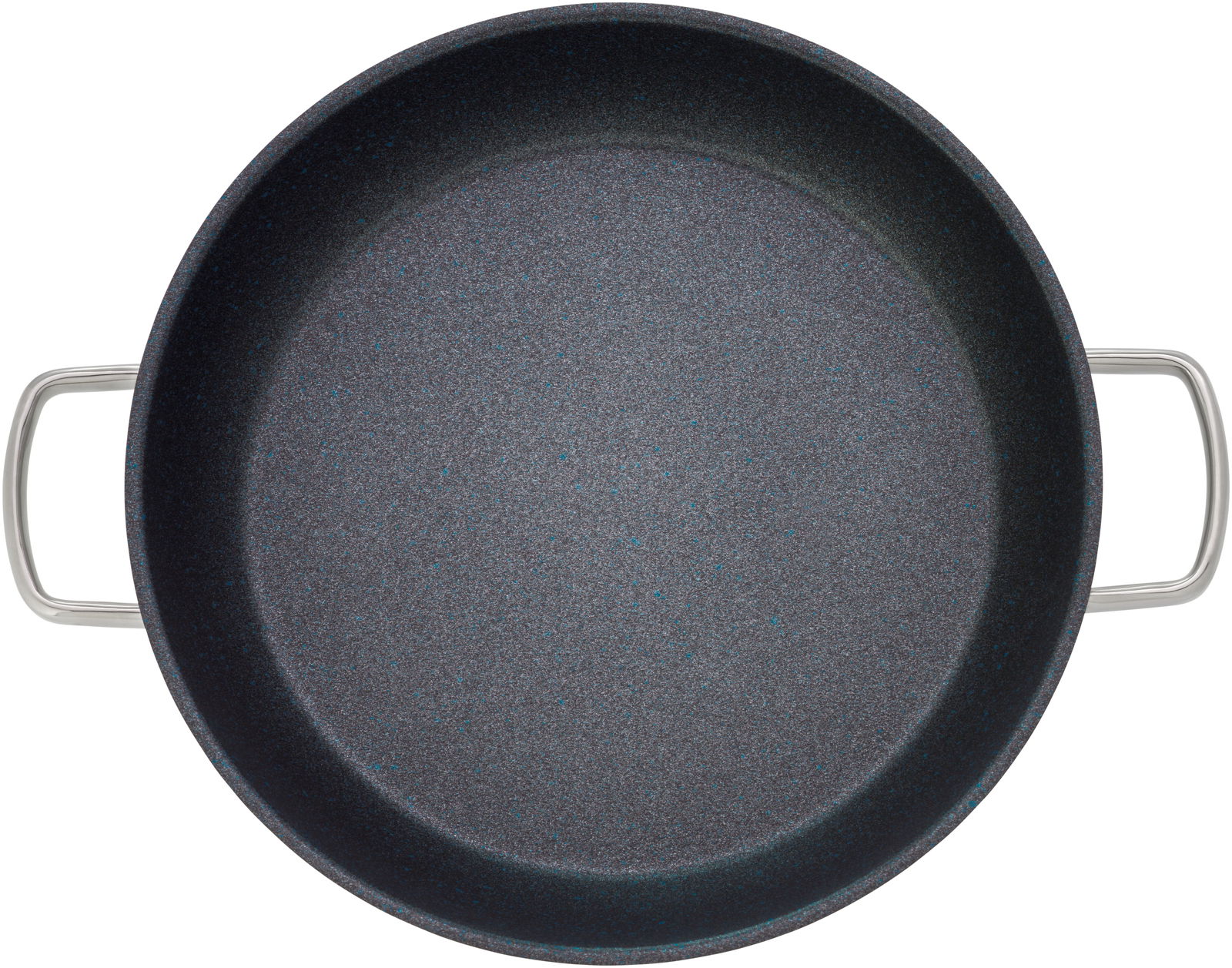 Ansicht von oben auf eine runde, schwarze Servierpfanne mit zwei Griffen, Modell PermaDur Advance, Durchmesser 32 cm.