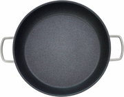 Ansicht von oben auf eine runde, schwarze Servierpfanne mit zwei Griffen, Modell PermaDur Advance, Durchmesser 32 cm.