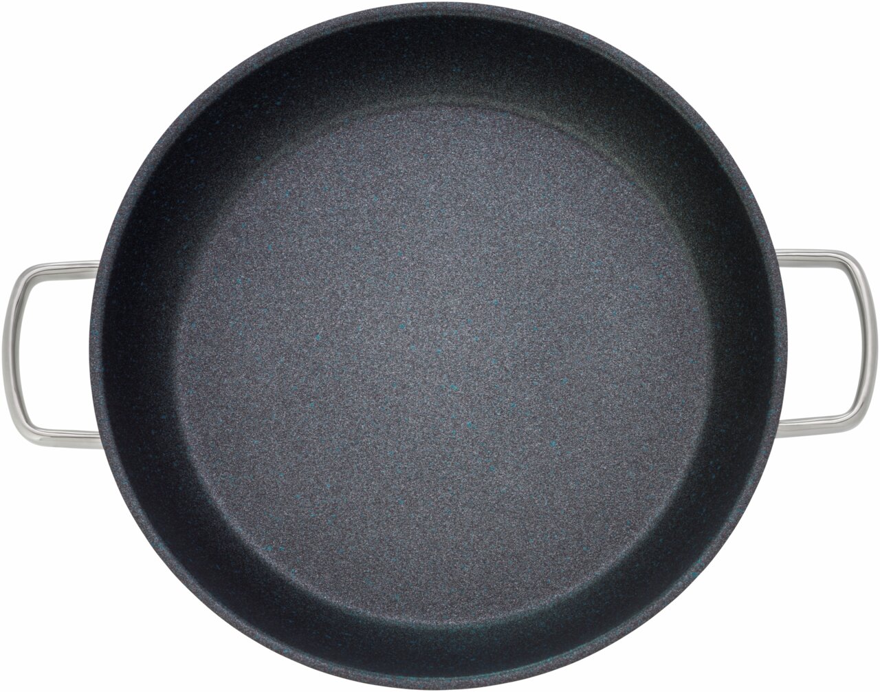 Ansicht von oben auf eine runde, schwarze Servierpfanne mit zwei Griffen, Modell PermaDur Advance, Durchmesser 32 cm.