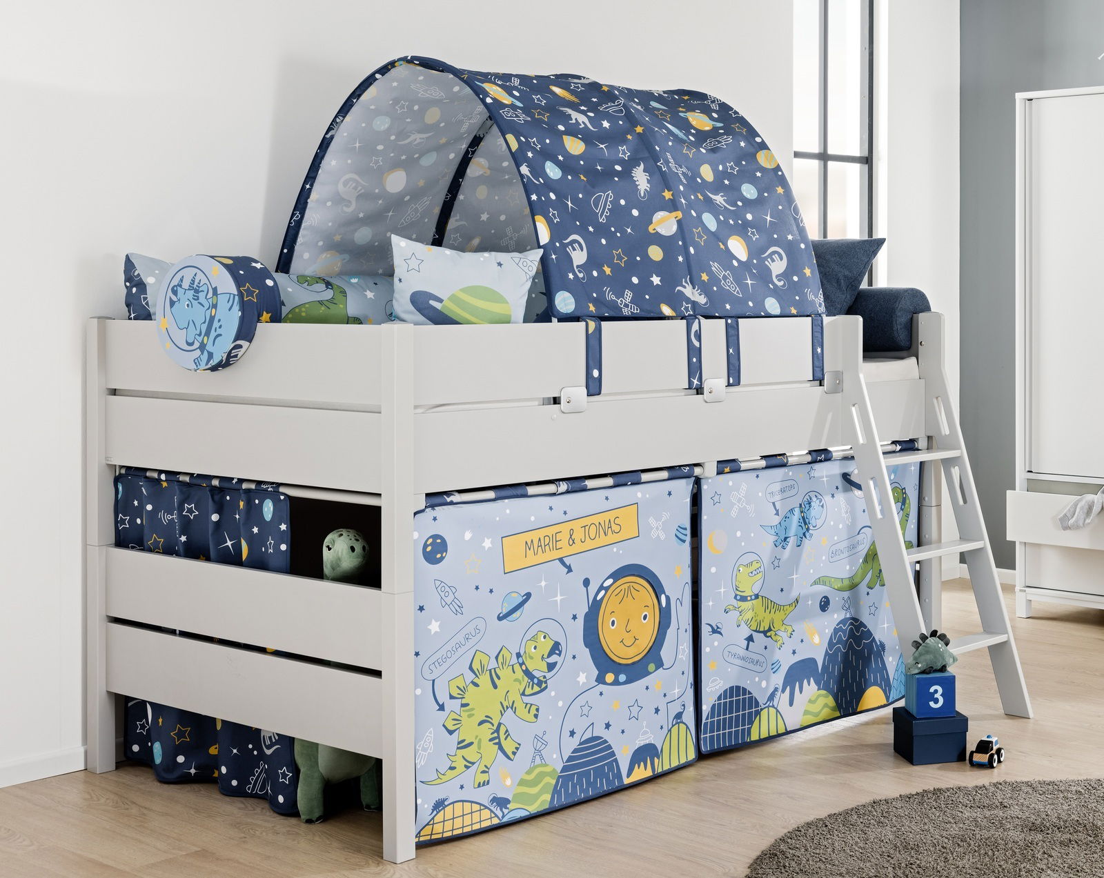 Paidi Spielbett TIAGO Spielbett mit Weltraum- und Dinosauriermotiven, seitliche Perspektive