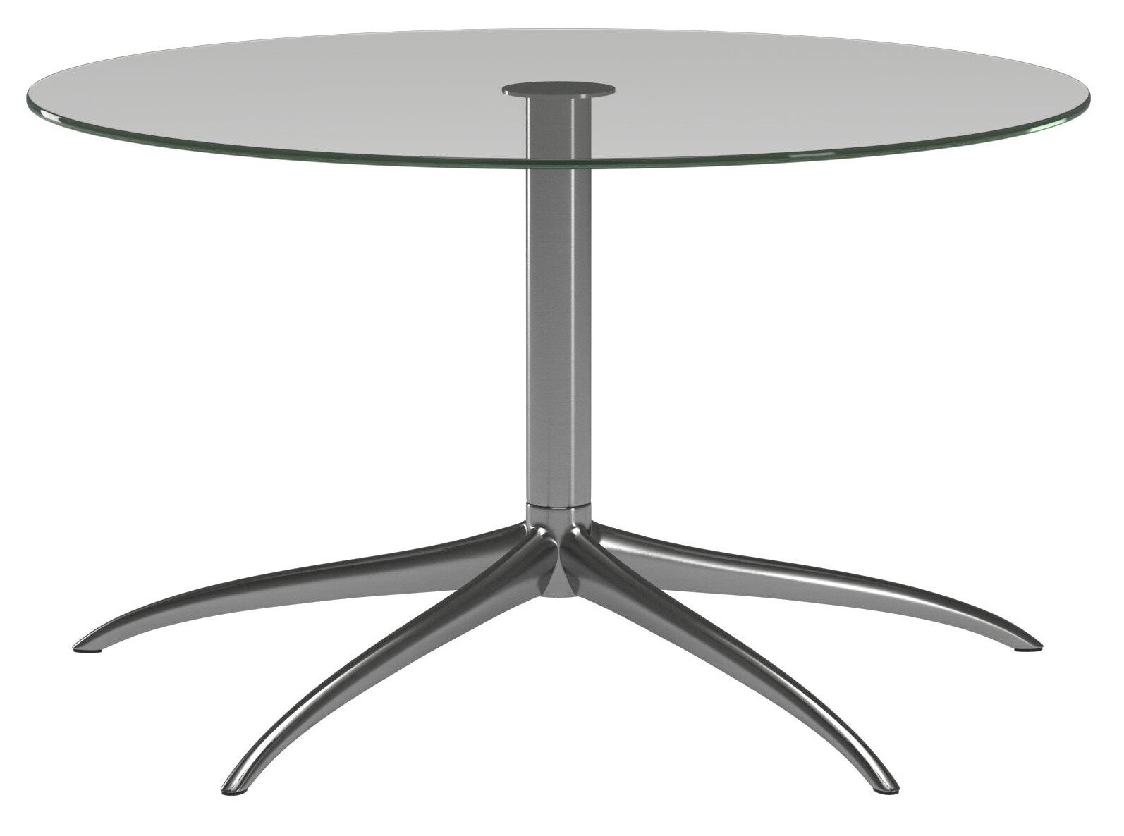 Moderner runder Couchtisch mit Glasplatte und metallischem Fußgestell, seitliche Perspektive