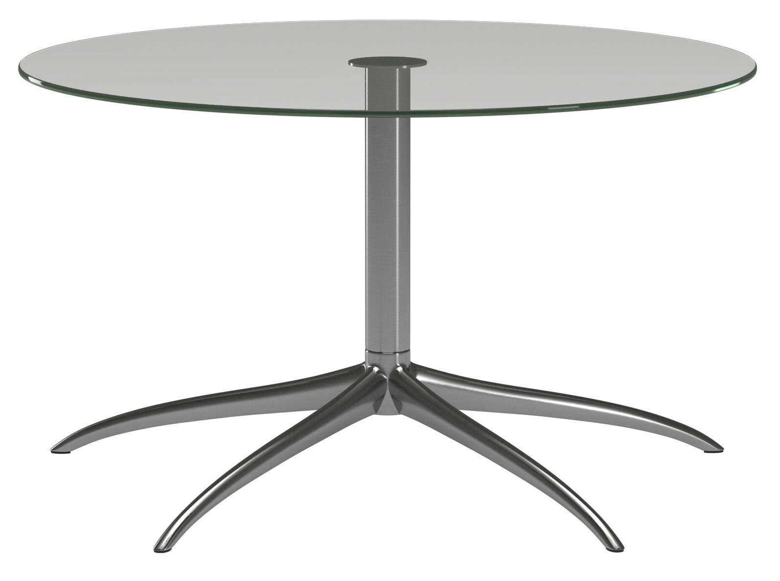 Moderner runder Couchtisch mit Glasplatte und metallischem Fußgestell, seitliche Perspektive