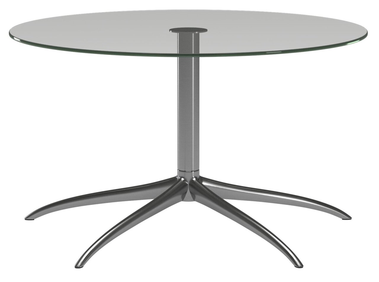Moderne ronde salontafel met glazen blad en metalen onderstel, zijaanzicht