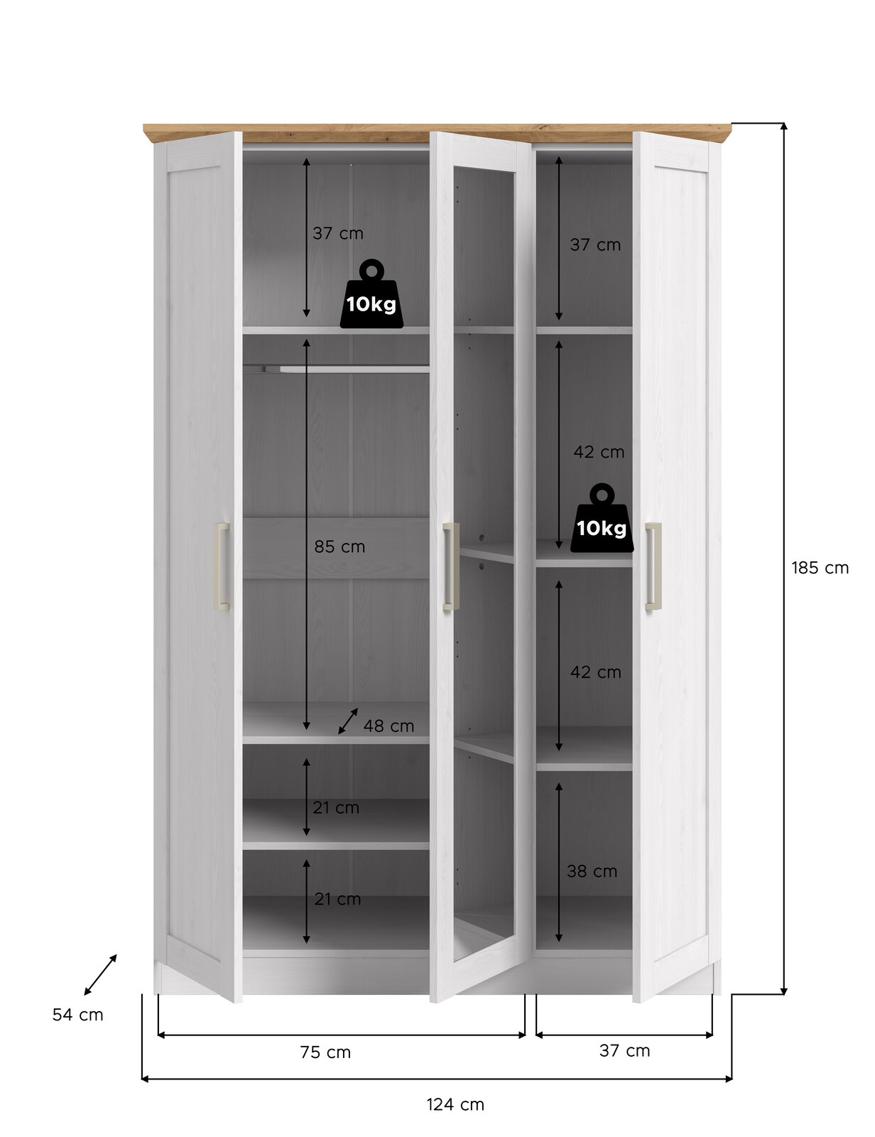 Weißer Kleiderschrank mit Holzplatte oben, drei geöffneten Türen, Kleiderstange und Einlegeböden mit Maßangaben (124×54×185 cm) in Frontalansicht.