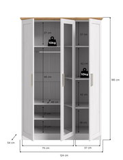 Weißer Kleiderschrank mit Holzplatte oben, drei geöffneten Türen, Kleiderstange und Einlegeböden mit Maßangaben (124×54×185 cm) in Frontalansicht.